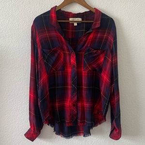 Anthropologie Cloth & Stone Top Yukon Red Plaid Button Down Frayed Large